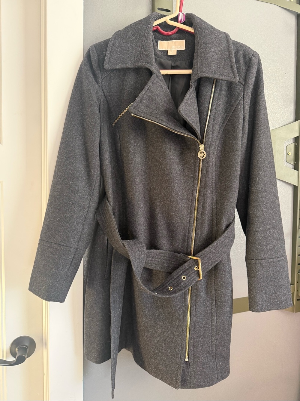 Michael Kors Dark Gray Wool Trench Coat with Gold Hardware